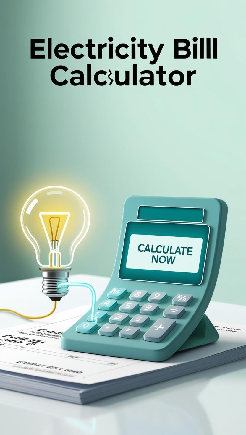 Digital electricity bill calculator with lightbulb, currency symbols, and paper bill – global utility cost estimation tool
